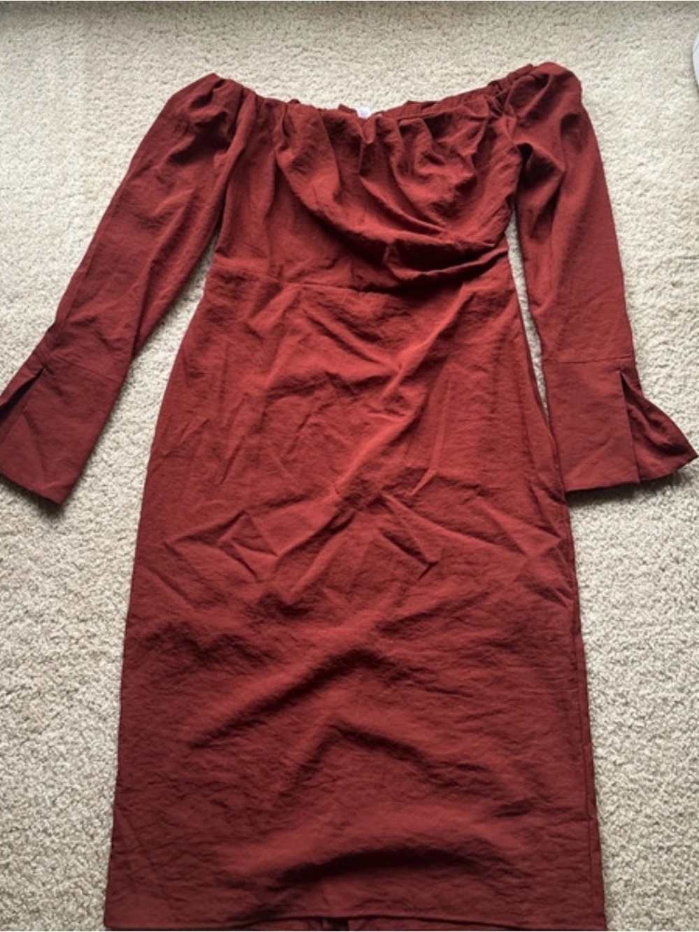 Off-Shoulder Long Sleeve Midi Dress in Rust Red